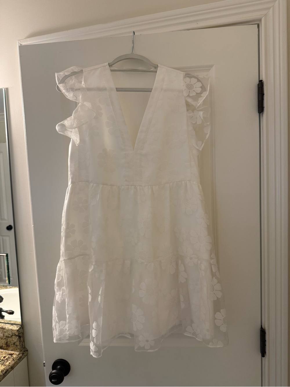 Amanda Uprichard White Floral V-Neck Ruffled Sleeve Dress